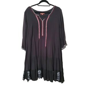 Pink Sky Black Embroidered Tiered Dress‎ Size XL Bohemian Hippie Full Skirt